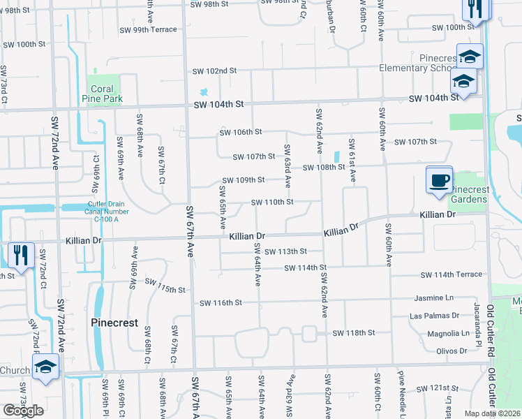 map of restaurants, bars, coffee shops, grocery stores, and more near 11101 Southwest 64th Avenue in Pinecrest