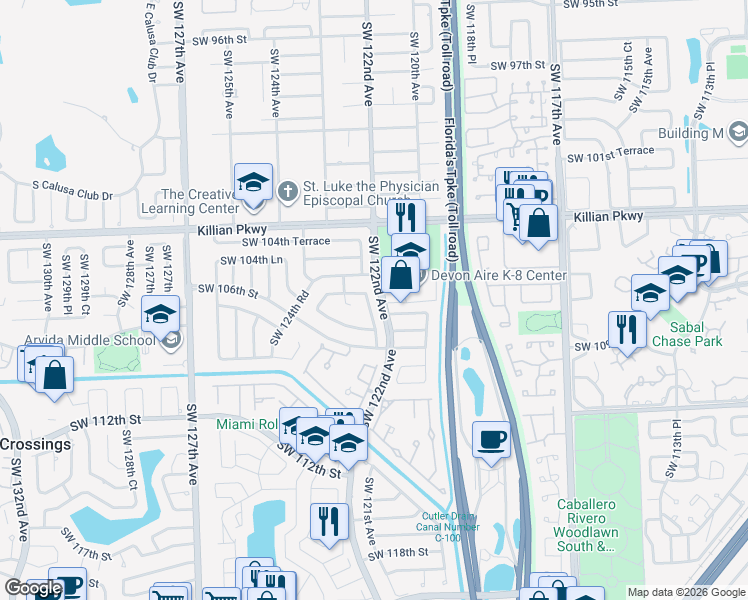 map of restaurants, bars, coffee shops, grocery stores, and more near 10540 Southwest 122nd Court in Miami