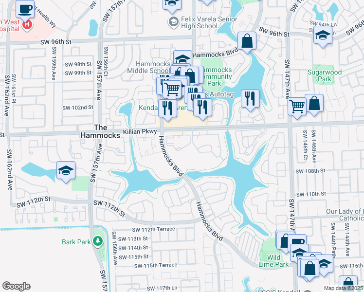 map of restaurants, bars, coffee shops, grocery stores, and more near 10613 Southwest 110th Street in Miami