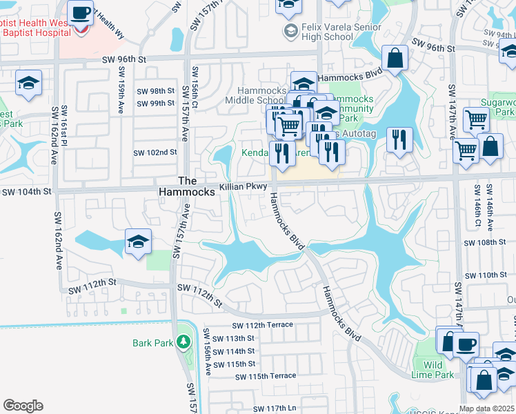 map of restaurants, bars, coffee shops, grocery stores, and more near 10520 Southwest 153rd Court in Miami