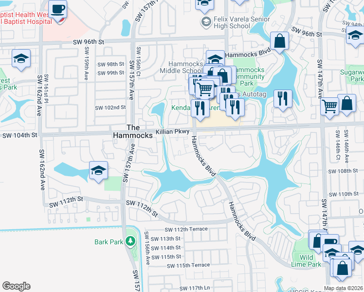 map of restaurants, bars, coffee shops, grocery stores, and more near 10520 Southwest 153rd Court in Miami