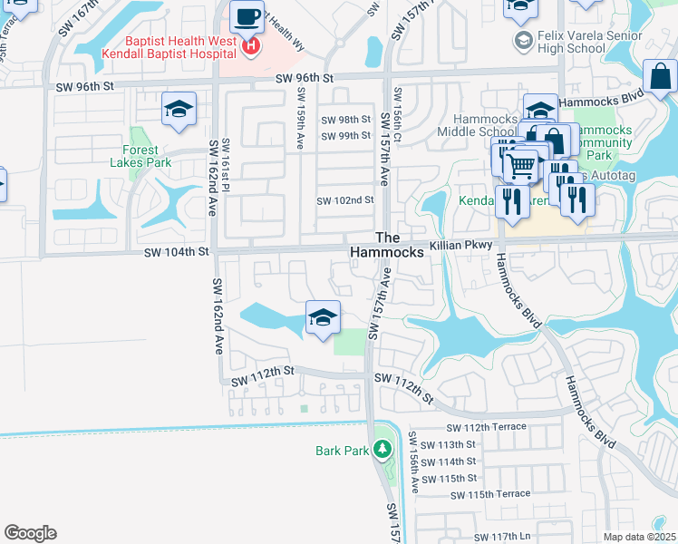 map of restaurants, bars, coffee shops, grocery stores, and more near 10610 Southwest 158th Court in Miami