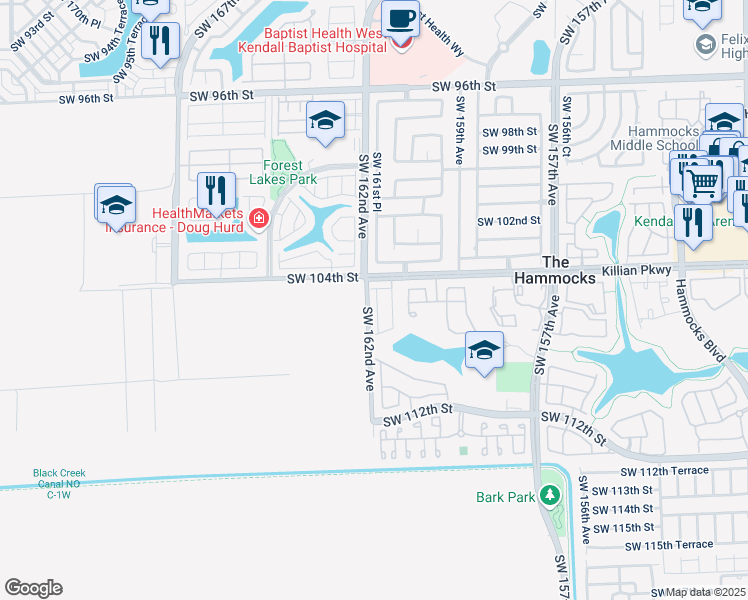 map of restaurants, bars, coffee shops, grocery stores, and more near 10574 Southwest 161st Place in Miami