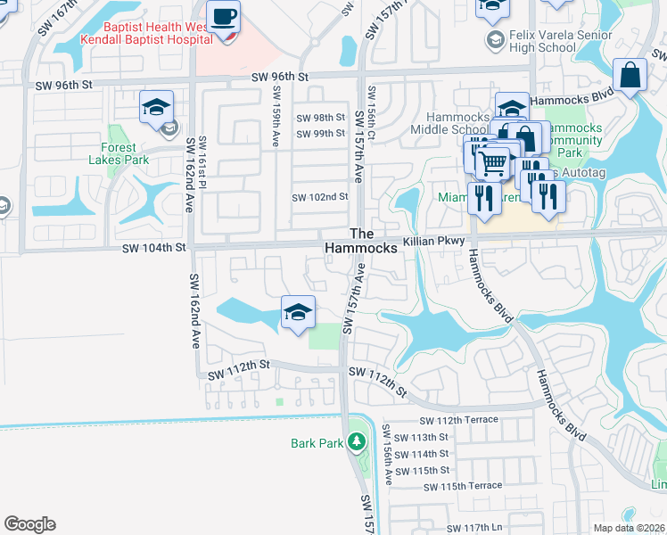 map of restaurants, bars, coffee shops, grocery stores, and more near 10610 Southwest 158th Court in Miami
