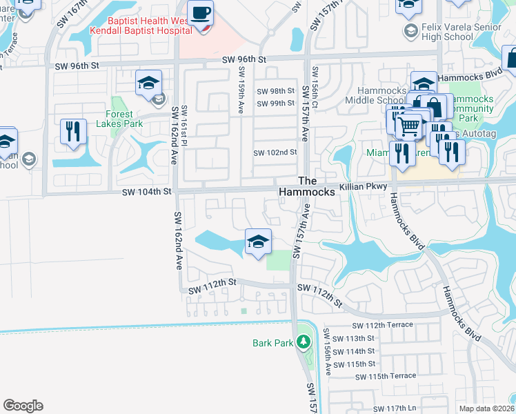 map of restaurants, bars, coffee shops, grocery stores, and more near 10555 Southwest 158th Place in Miami