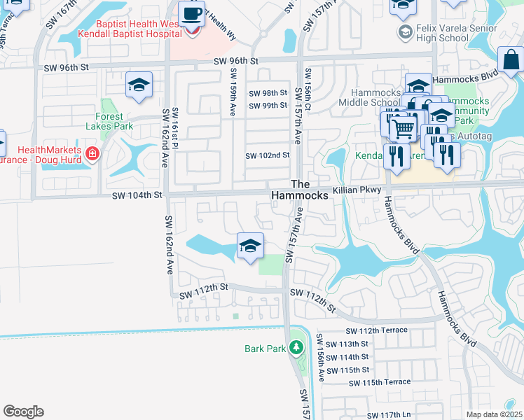 map of restaurants, bars, coffee shops, grocery stores, and more near 10610 Southwest 158th Court in Miami