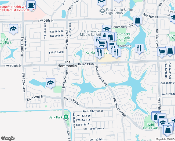 map of restaurants, bars, coffee shops, grocery stores, and more near 10520 Southwest 153rd Court in Miami