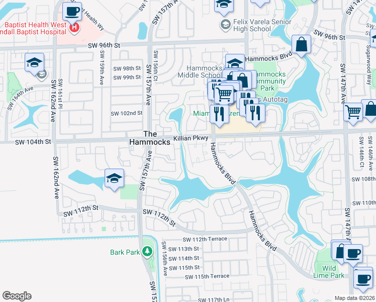 map of restaurants, bars, coffee shops, grocery stores, and more near 10410 Southwest 154th Court in Miami