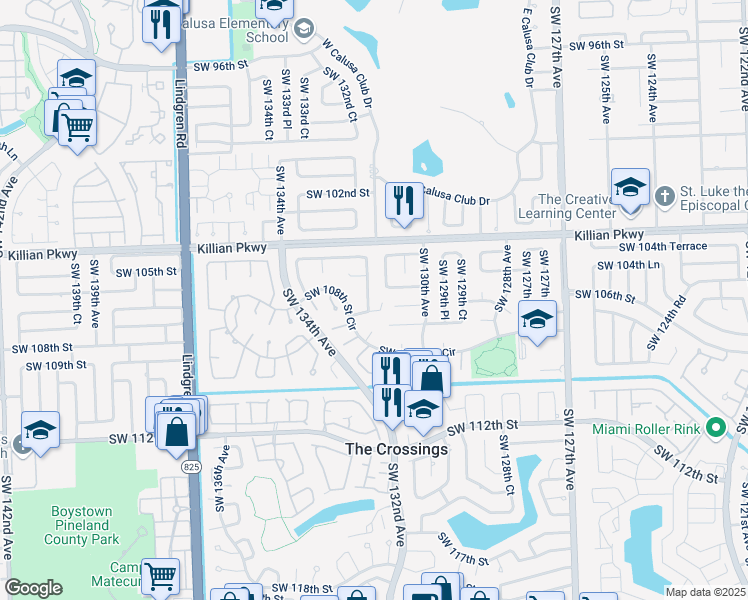 map of restaurants, bars, coffee shops, grocery stores, and more near 13240 Southwest 105th Street in Miami