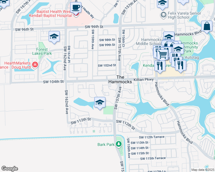 map of restaurants, bars, coffee shops, grocery stores, and more near 15700 Southwest 104th Street in Miami