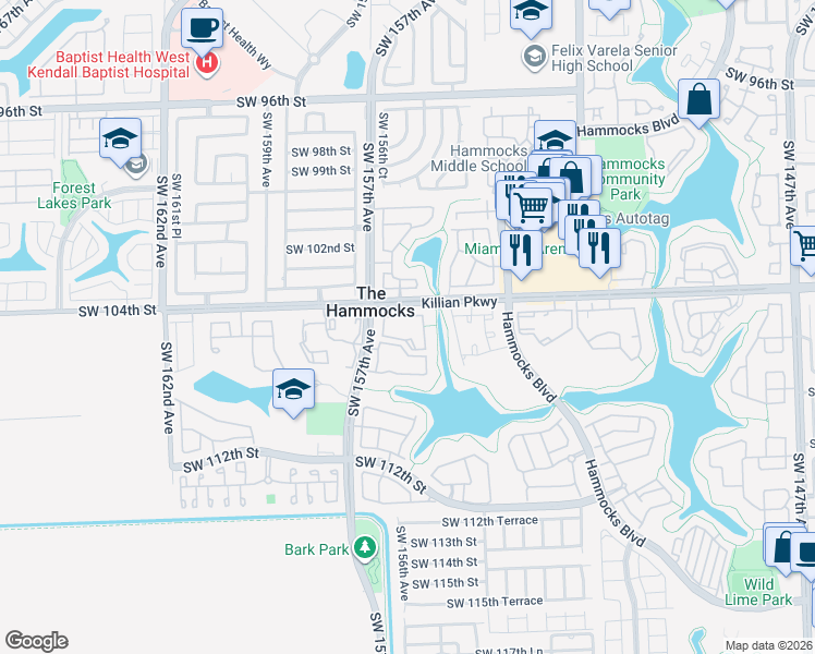 map of restaurants, bars, coffee shops, grocery stores, and more near in The Hammocks