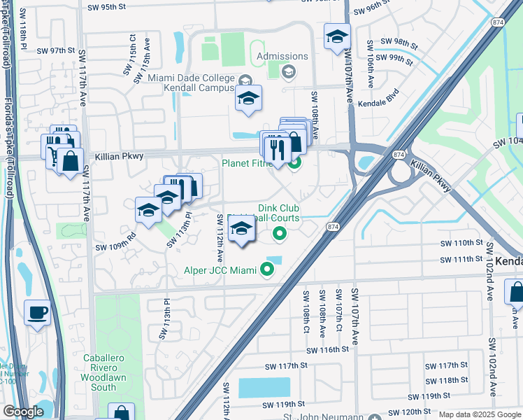 map of restaurants, bars, coffee shops, grocery stores, and more near 11098 Southwest 107th Street in Miami