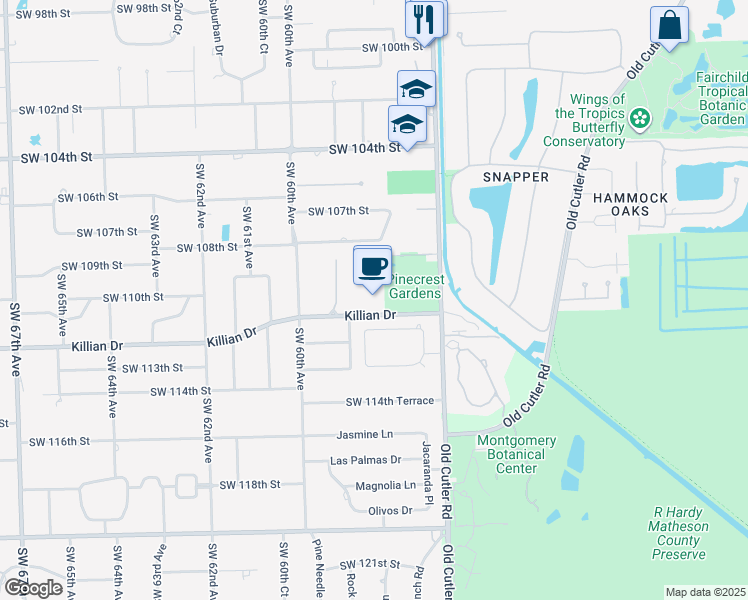 map of restaurants, bars, coffee shops, grocery stores, and more near 5855 Southwest 111th Street in Miami