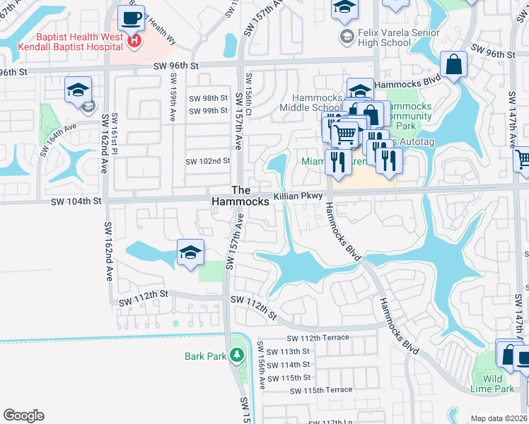 map of restaurants, bars, coffee shops, grocery stores, and more near in The Hammocks