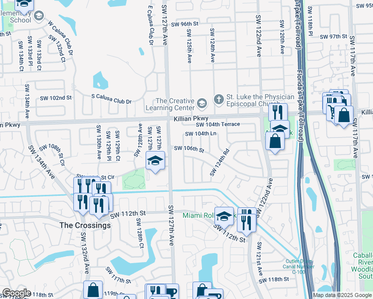 map of restaurants, bars, coffee shops, grocery stores, and more near 10500 Southwest 125th Avenue in Miami