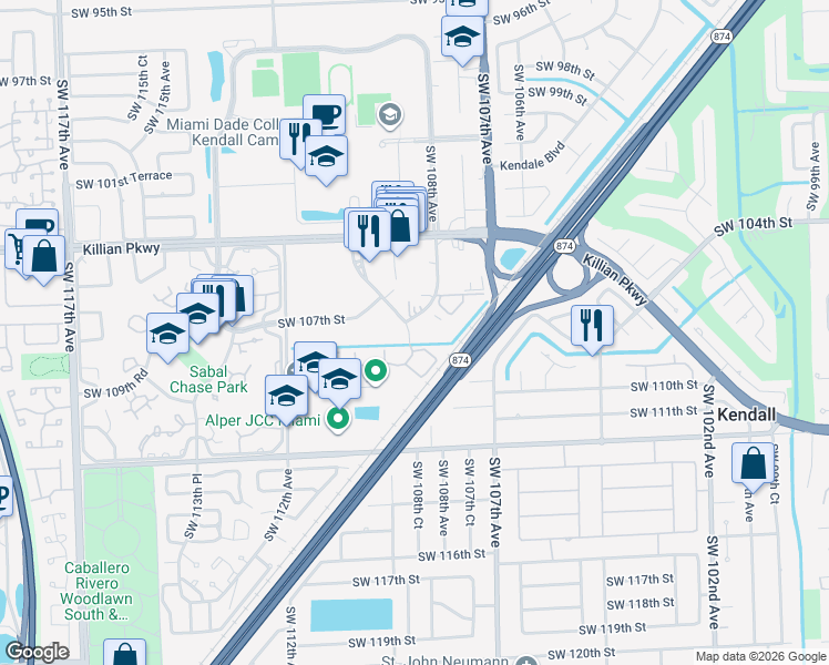 map of restaurants, bars, coffee shops, grocery stores, and more near 10785 Southwest 108th Avenue in Miami