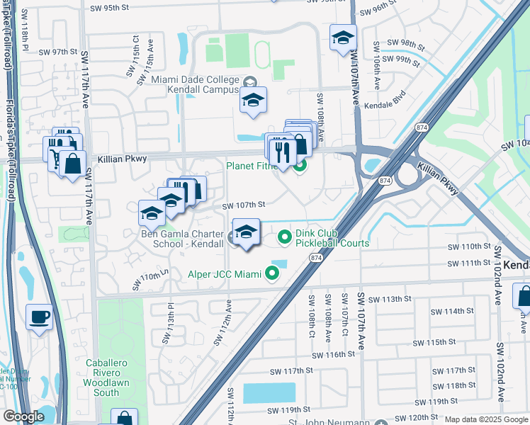 map of restaurants, bars, coffee shops, grocery stores, and more near 11098 Southwest 107th Street in Miami