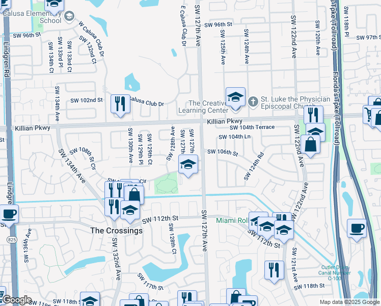 map of restaurants, bars, coffee shops, grocery stores, and more near 10525 Southwest 127th Place in Miami