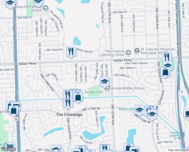 map of restaurants, bars, coffee shops, grocery stores, and more near 10520 Southwest 128th Avenue in Miami
