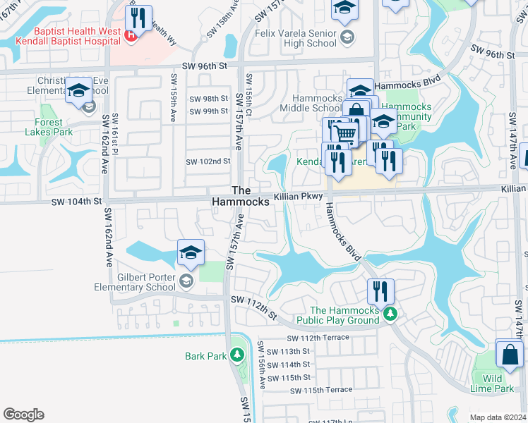 map of restaurants, bars, coffee shops, grocery stores, and more near in The Hammocks