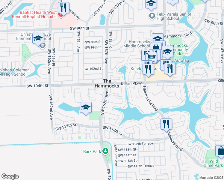 map of restaurants, bars, coffee shops, grocery stores, and more near in The Hammocks