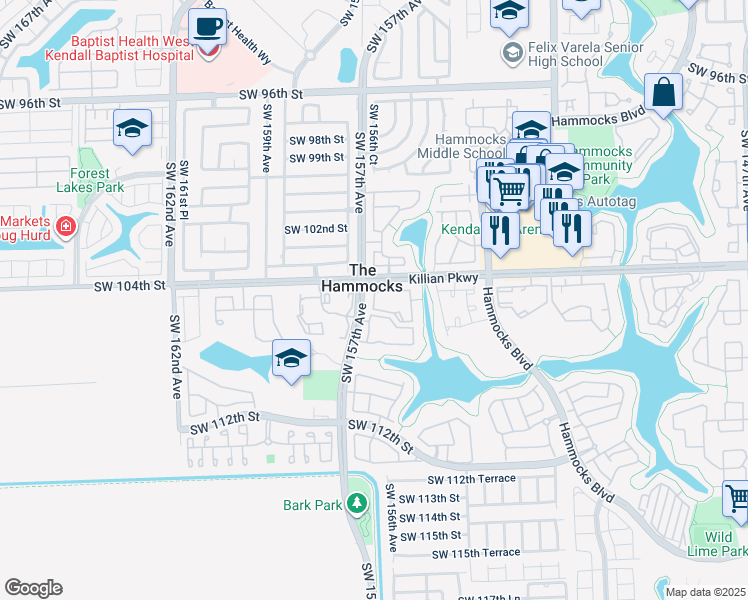 map of restaurants, bars, coffee shops, grocery stores, and more near in The Hammocks