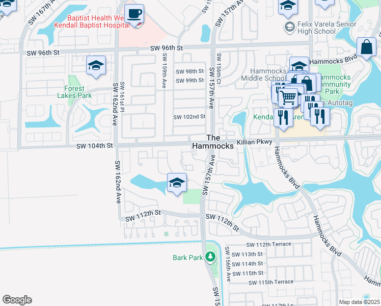 map of restaurants, bars, coffee shops, grocery stores, and more near 15700 Southwest 104th Street in Miami
