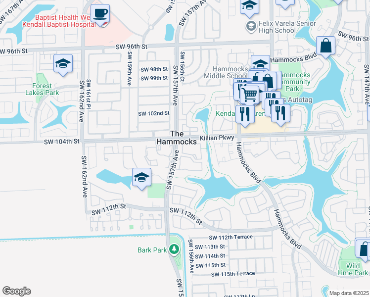 map of restaurants, bars, coffee shops, grocery stores, and more near in The Hammocks
