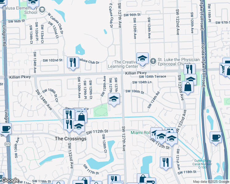 map of restaurants, bars, coffee shops, grocery stores, and more near 10525 Southwest 127th Place in Miami