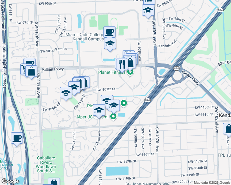 map of restaurants, bars, coffee shops, grocery stores, and more near 11098 Southwest 107th Street in Miami