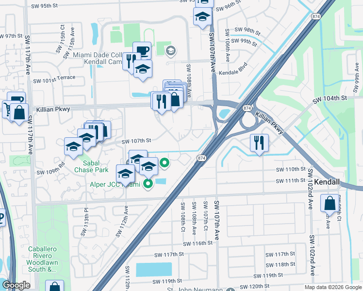 map of restaurants, bars, coffee shops, grocery stores, and more near 10785 Southwest 108th Avenue in Miami