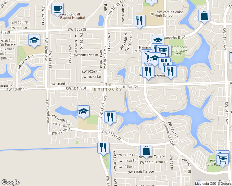 map of restaurants, bars, coffee shops, grocery stores, and more near in The Hammocks