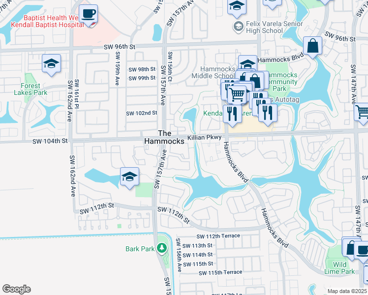 map of restaurants, bars, coffee shops, grocery stores, and more near in The Hammocks