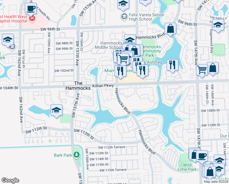 map of restaurants, bars, coffee shops, grocery stores, and more near 10475 Southwest 153rd Court in Miami