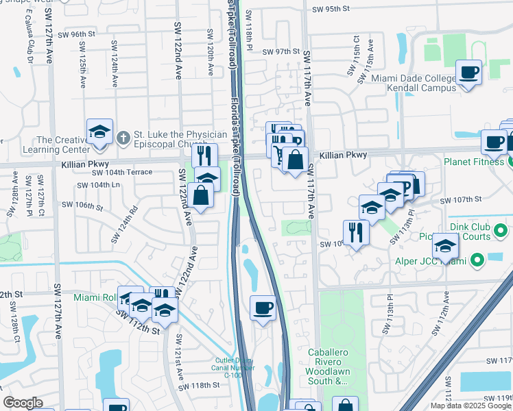 map of restaurants, bars, coffee shops, grocery stores, and more near 10528 Southwest 118th Place in Miami