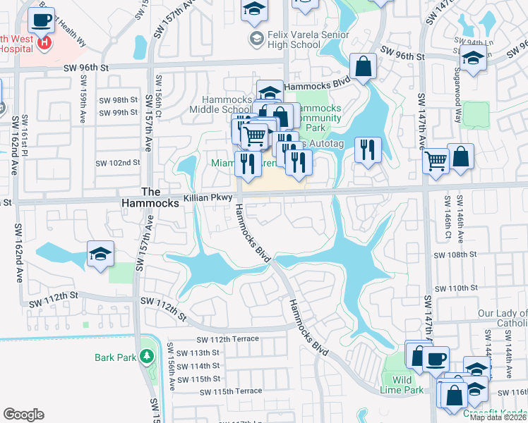 map of restaurants, bars, coffee shops, grocery stores, and more near 15270 Southwest 104th Street in Miami