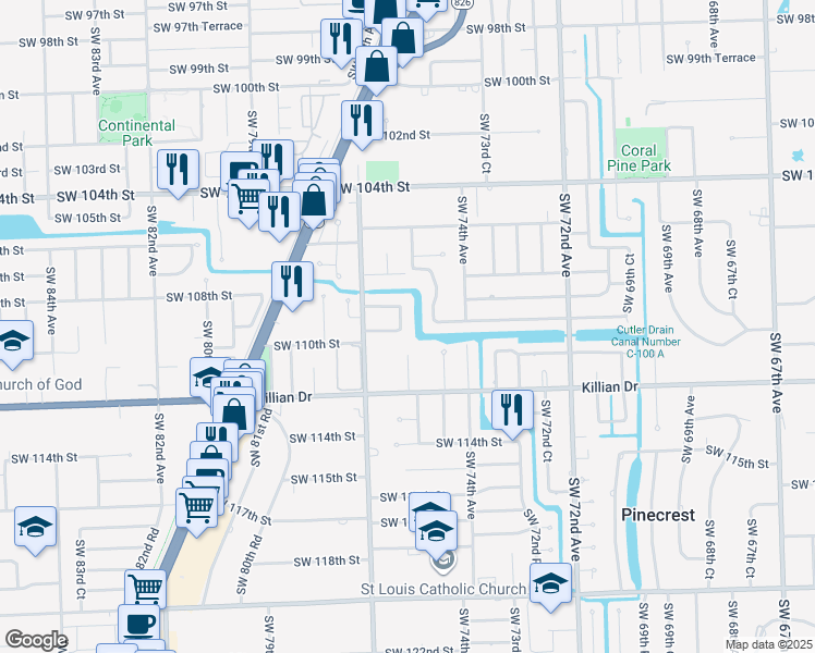 map of restaurants, bars, coffee shops, grocery stores, and more near 7554 Southwest 108th Terrace in Miami