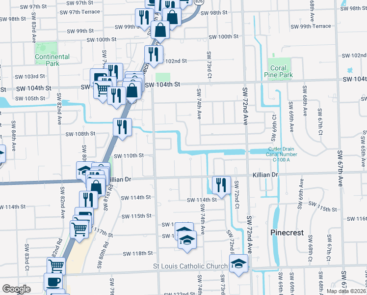 map of restaurants, bars, coffee shops, grocery stores, and more near 10840 Southwest 74th Court in Miami