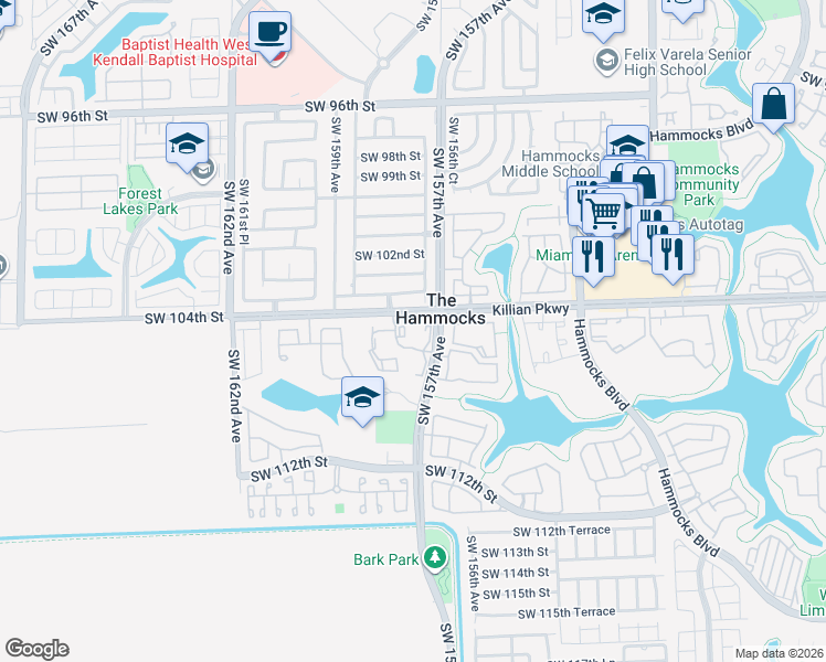map of restaurants, bars, coffee shops, grocery stores, and more near 15700 Southwest 104th Street in Miami