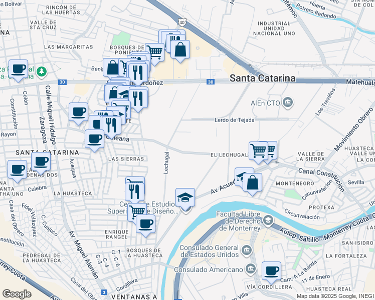 map of restaurants, bars, coffee shops, grocery stores, and more near 469 Galeana in Ciudad Santa Catarina