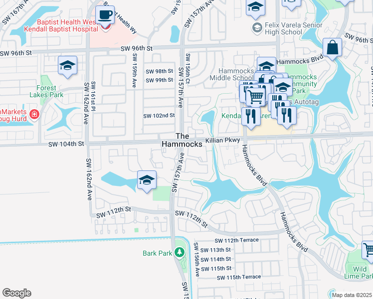 map of restaurants, bars, coffee shops, grocery stores, and more near in The Hammocks