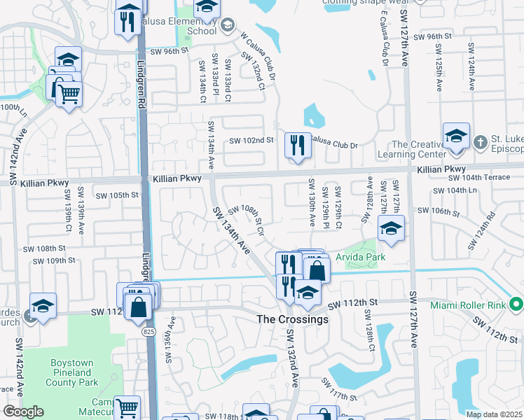 map of restaurants, bars, coffee shops, grocery stores, and more near 13240 Southwest 105th Street in Miami