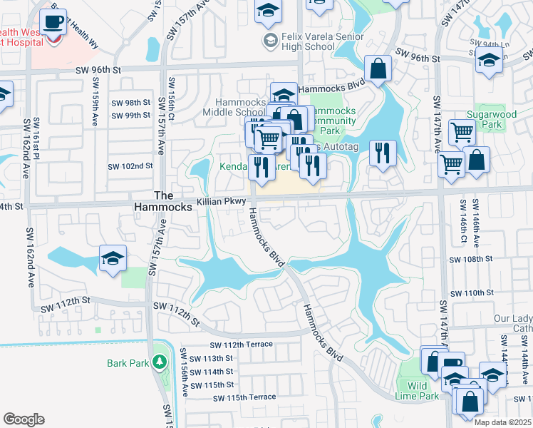 map of restaurants, bars, coffee shops, grocery stores, and more near 15280 Southwest 104th Street in Miami