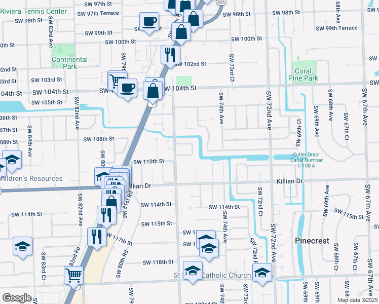 map of restaurants, bars, coffee shops, grocery stores, and more near 7554 Southwest 108th Terrace in Miami