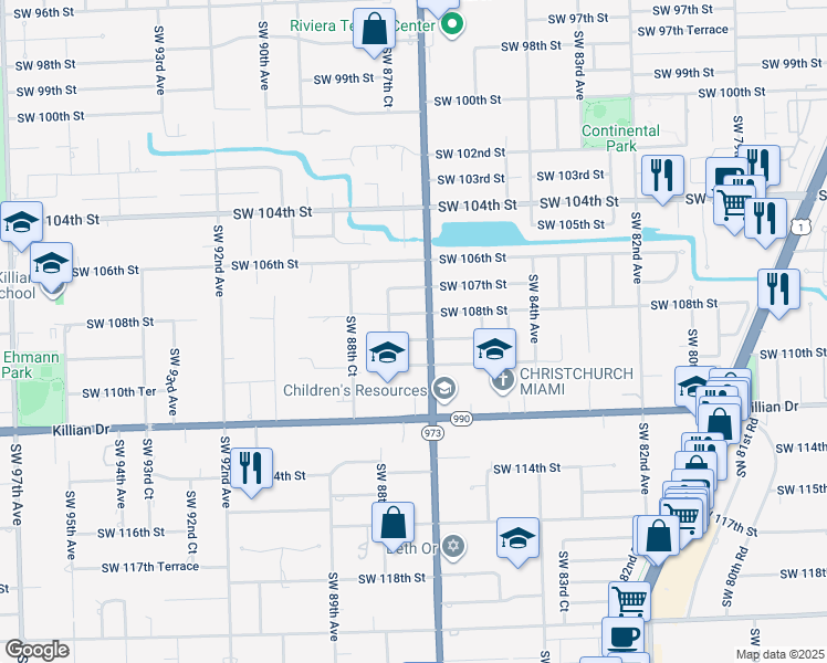 map of restaurants, bars, coffee shops, grocery stores, and more near 8725 Southwest 109th Street in Miami