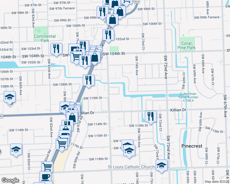 map of restaurants, bars, coffee shops, grocery stores, and more near 7554 Southwest 108th Terrace in Miami