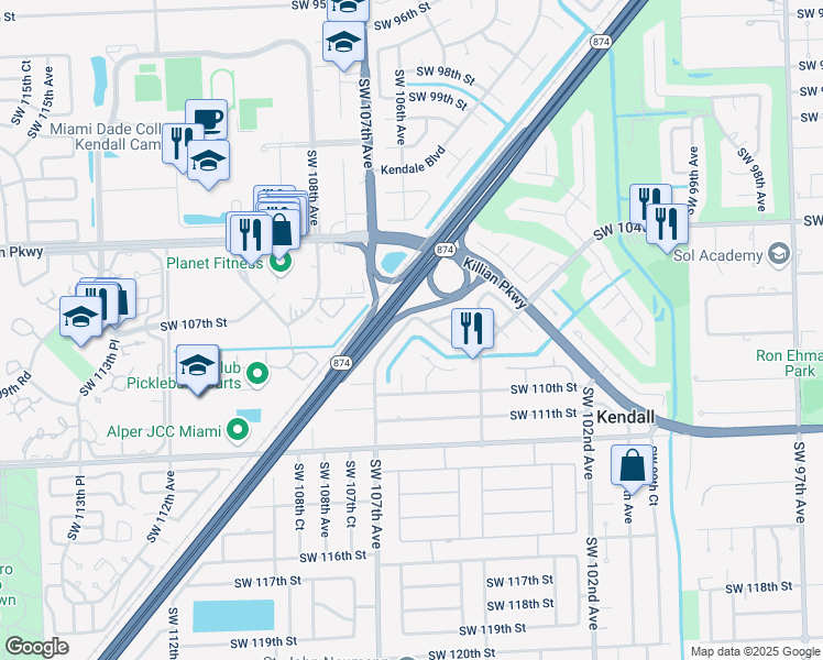map of restaurants, bars, coffee shops, grocery stores, and more near 10870 Southwest 106th Avenue in Miami
