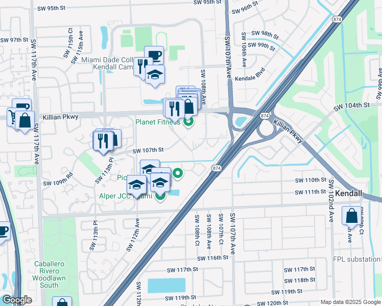 map of restaurants, bars, coffee shops, grocery stores, and more near 10780 Southwest 109th Court in Miami