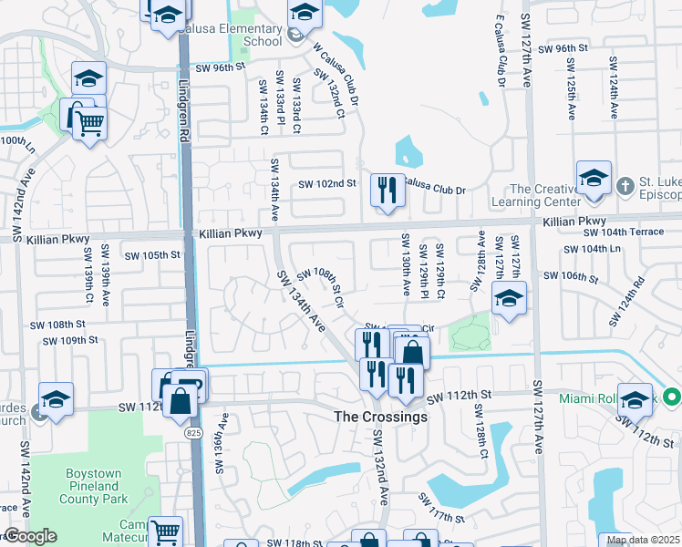 map of restaurants, bars, coffee shops, grocery stores, and more near 13240 Southwest 105th Street in Miami