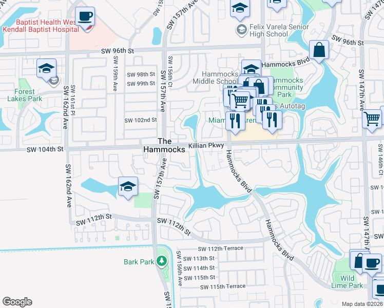 map of restaurants, bars, coffee shops, grocery stores, and more near 10410 Southwest 154th Court in Miami